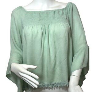 Raga Women’s Top Green S Bohemian Cascading Sleeve Smocked Boat Neck A-Line